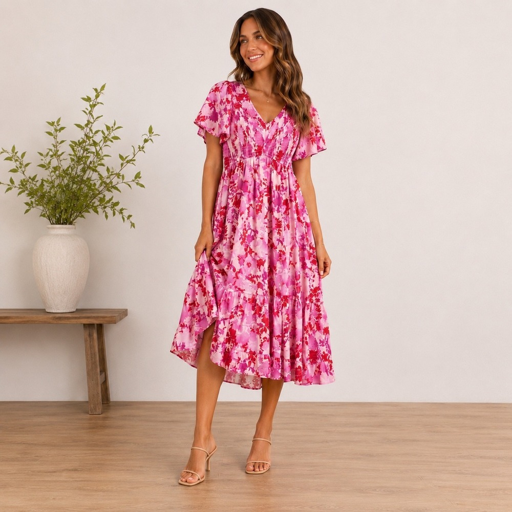 JODIFL Floral Smocked Midi Dress Cottagecore Romantic Coquette Women's S NWT